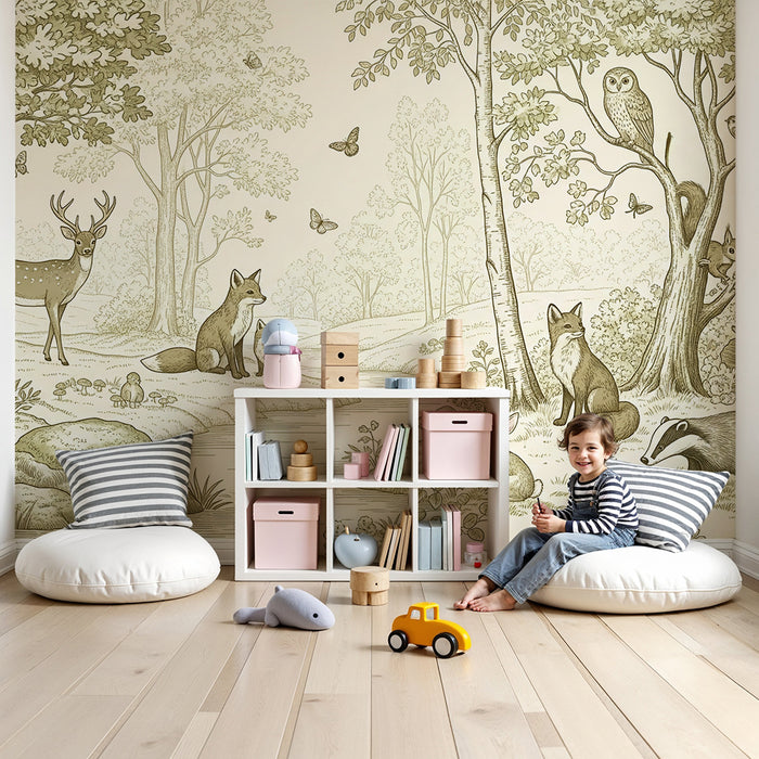 Papier peint chambre enfant | Scène forestière avec animaux sauvages et nature paisible
