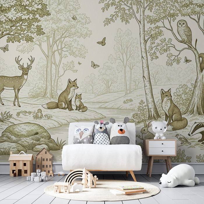 Papier peint chambre enfant | Scène forestière avec animaux sauvages et nature paisible