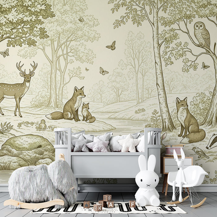 Papier peint chambre enfant | Scène forestière avec animaux sauvages et nature paisible