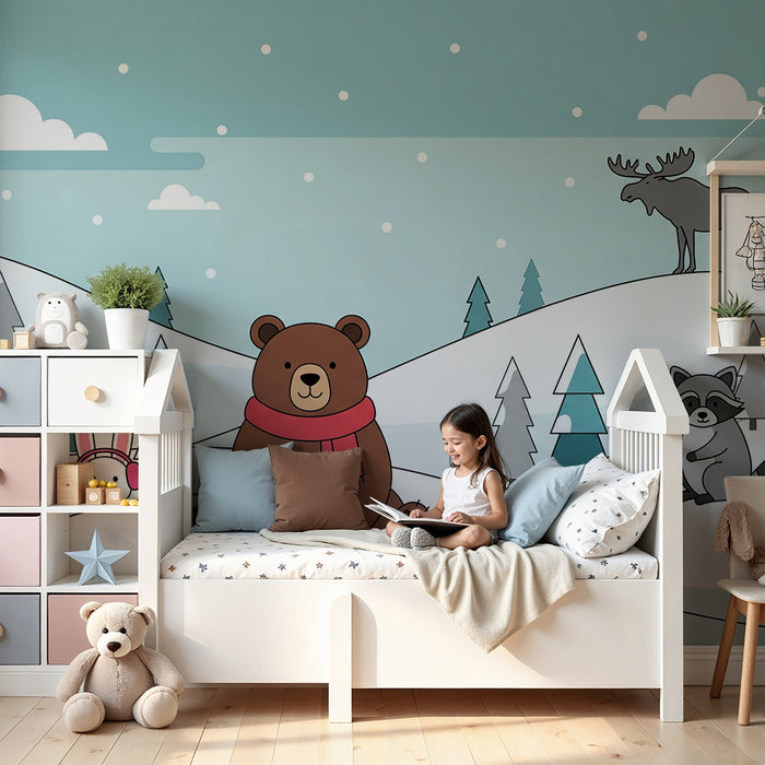 Behang kinderkamer | Winterlandschap met beren, vos en konijn