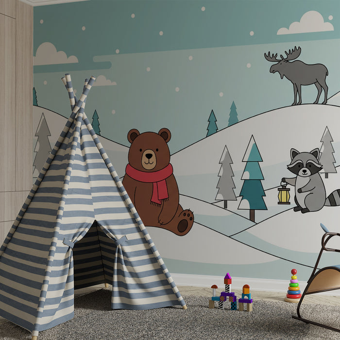 Behang kinderkamer | Winterlandschap met beren, vos en konijn