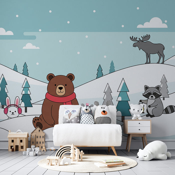 Behang kinderkamer | Winterlandschap met beren, vos en konijn