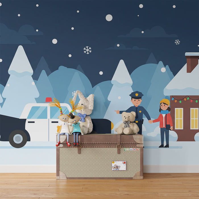 Barnrumspapper | Vinterlandskap med polis och barn i snön