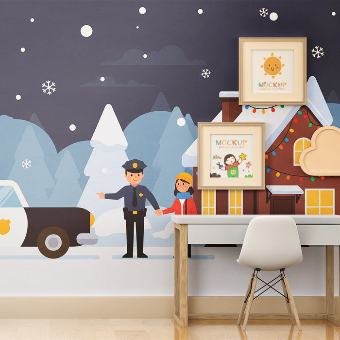 Barnrumspapper | Vinterlandskap med polis och barn i snön