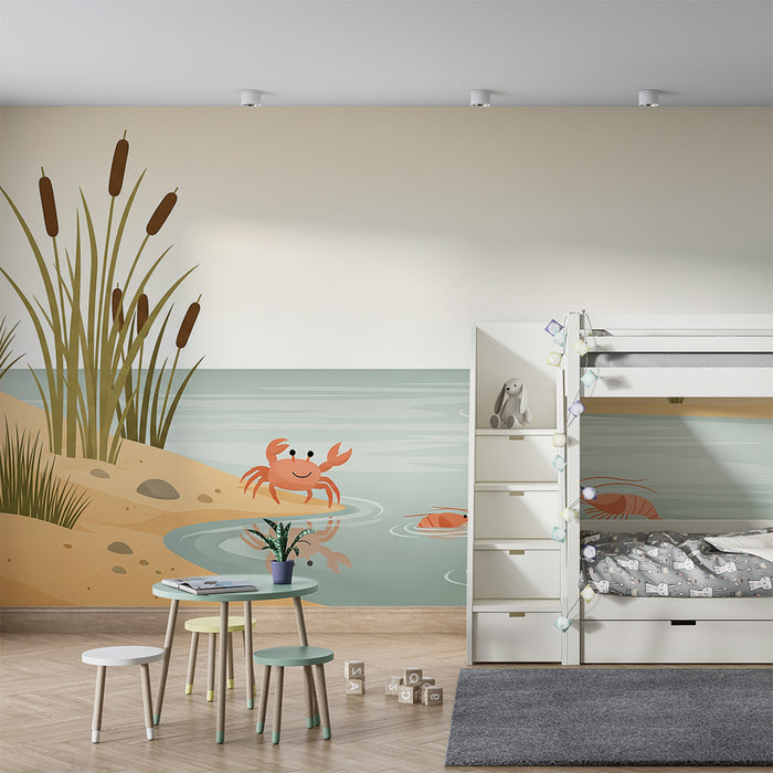 **Barneveggtapet | Havscene med krabbe og reker i et rolig miljø**