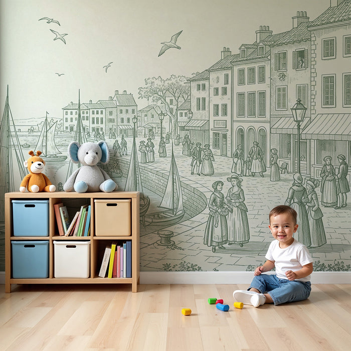 Papier peint chambre enfant | Scène maritime avec bateaux et phare