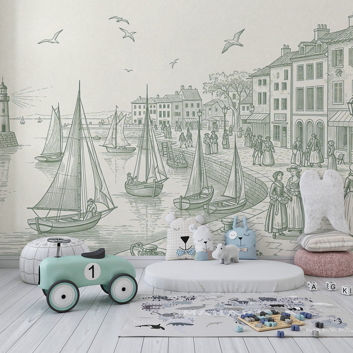 Papier peint chambre enfant | Scène maritime avec bateaux et phare