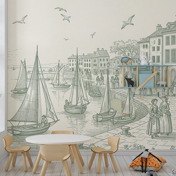 Papier peint chambre enfant | Scène maritime avec bateaux et phare