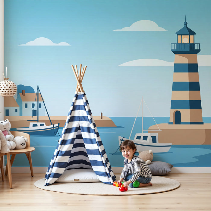 Kinderkamer behang | Maritieme scène met vuurtoren en boten in een rustige haven