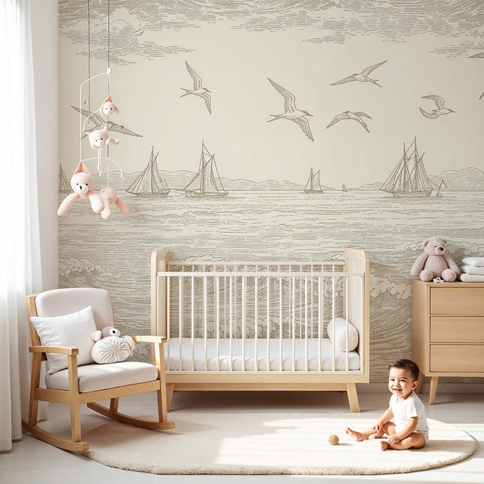 Children's bedroom wallpaper | Ocean scene with sailboats and birds in flight