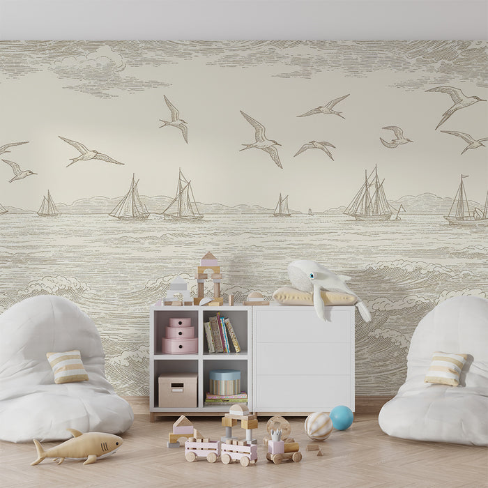 Children's bedroom wallpaper | Ocean scene with sailboats and birds in flight