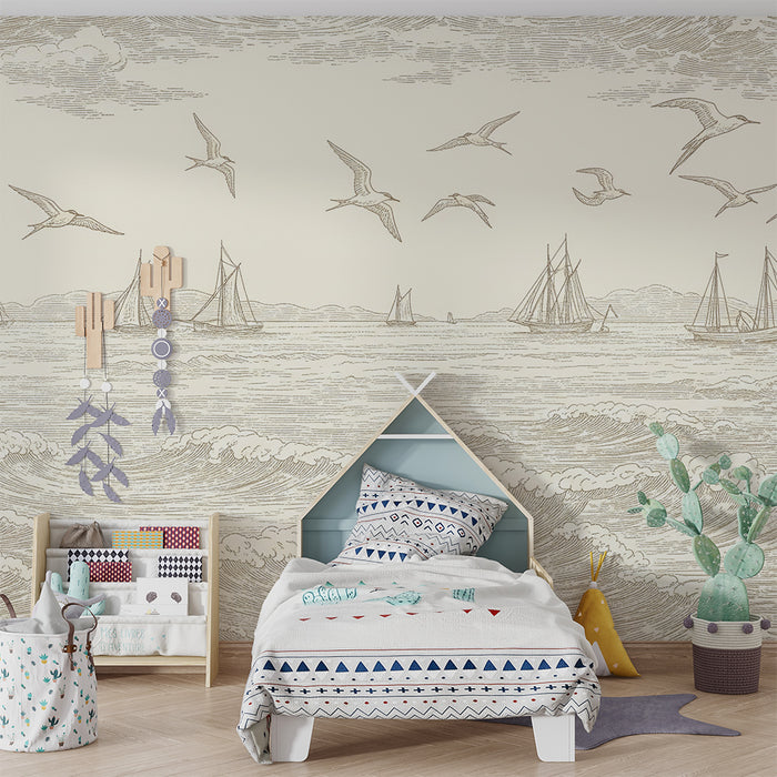 Children's bedroom wallpaper | Ocean scene with sailboats and birds in flight