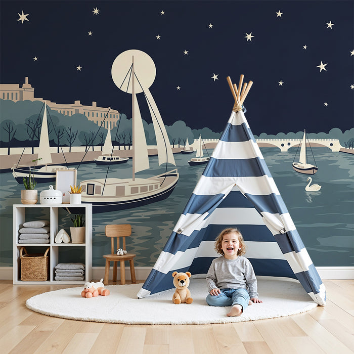 Papier peint chambre enfant | Scène nocturne de Paris avec bateaux et la Tour Eiffel