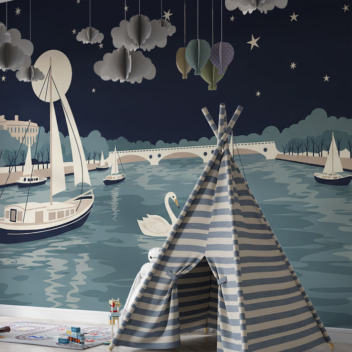 Papier peint chambre enfant | Scène nocturne de Paris avec bateaux et la Tour Eiffel