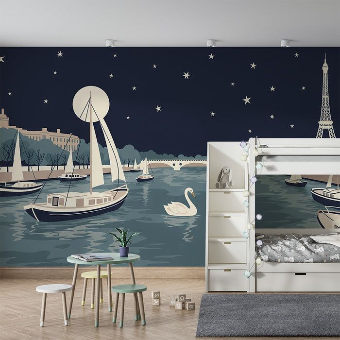 Papier peint chambre enfant | Scène nocturne de Paris avec bateaux et la Tour Eiffel