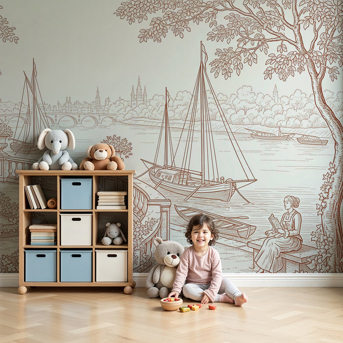 Papier peint chambre enfant | Scène paisible au bord de l'eau avec voiliers et jardin fleuri