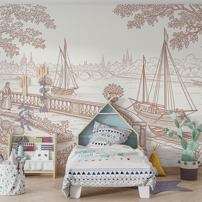 Papier peint chambre enfant | Scène paisible au bord de l'eau avec voiliers et jardin fleuri