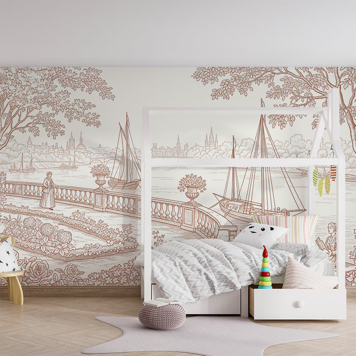 Papier peint chambre enfant | Scène paisible au bord de l'eau avec voiliers et jardin fleuri
