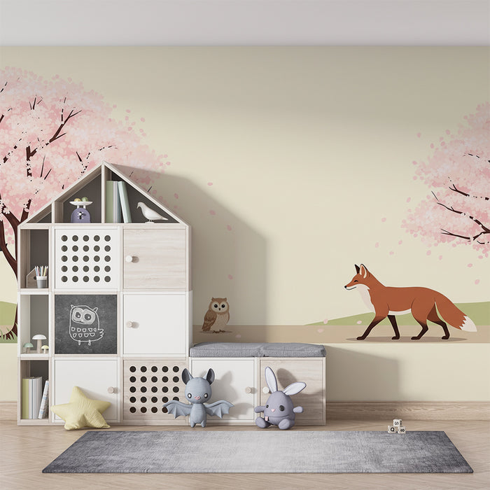 Papel de parede criança | Cena tranquila com cerejeiras em flor e animais da floresta