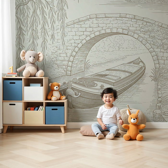 **Tapete Kinderzimmer | Ruhige Bootsszene unter einer Steinbrücke**
