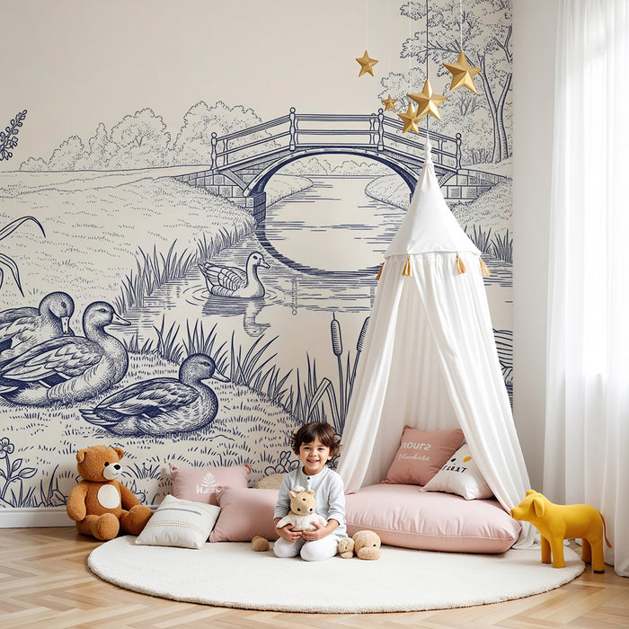 Papel pintado infantil | Escena tranquila de patos junto al agua con un puente