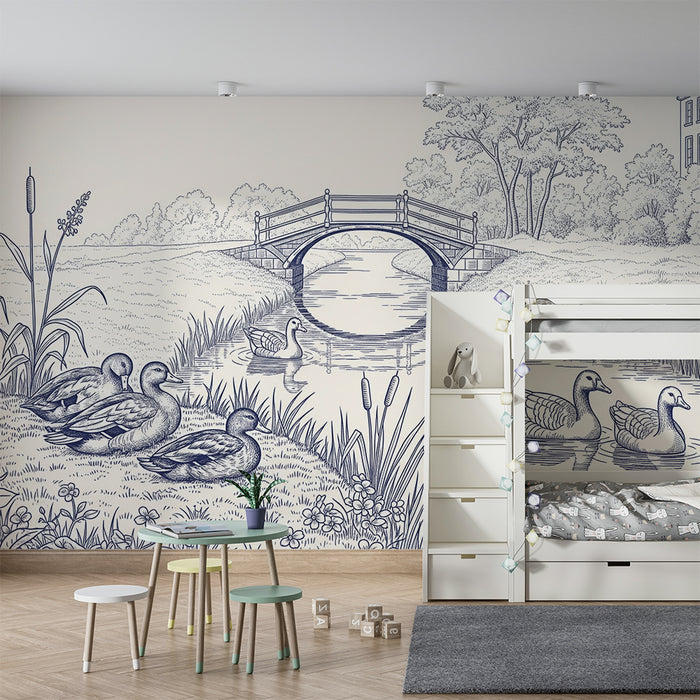 Papel pintado infantil | Escena tranquila de patos junto al agua con un puente