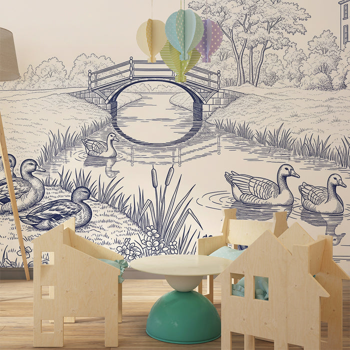 Papel pintado infantil | Escena tranquila de patos junto al agua con un puente