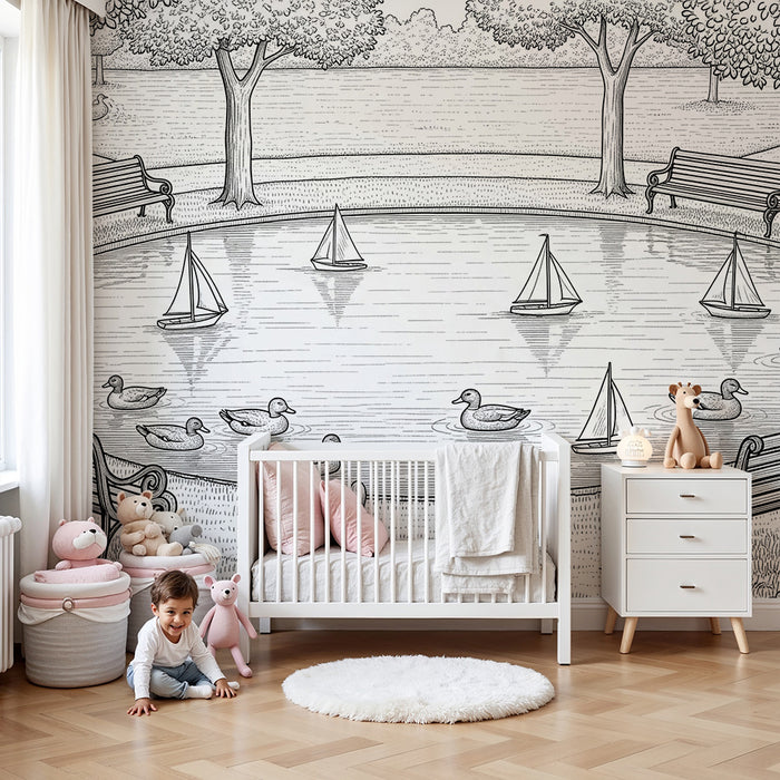 Carta da parati per camera bambini | Scena tranquilla di anatre e barche a vela sulla riva di uno stagno
