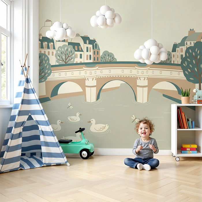 Papier peint chambre enfant | Scène paisible de canards sur une rivière avec des maisons et des arbres