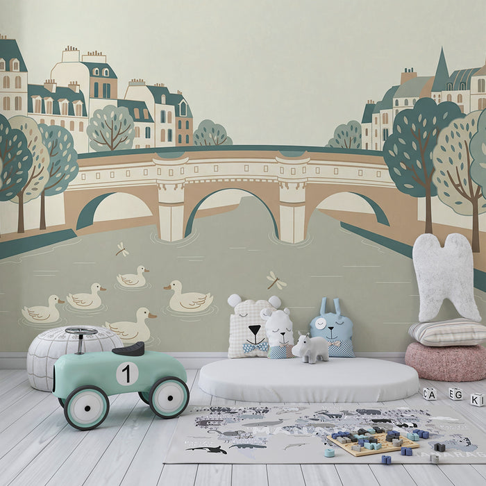 Papier peint chambre enfant | Scène paisible de canards sur une rivière avec des maisons et des arbres