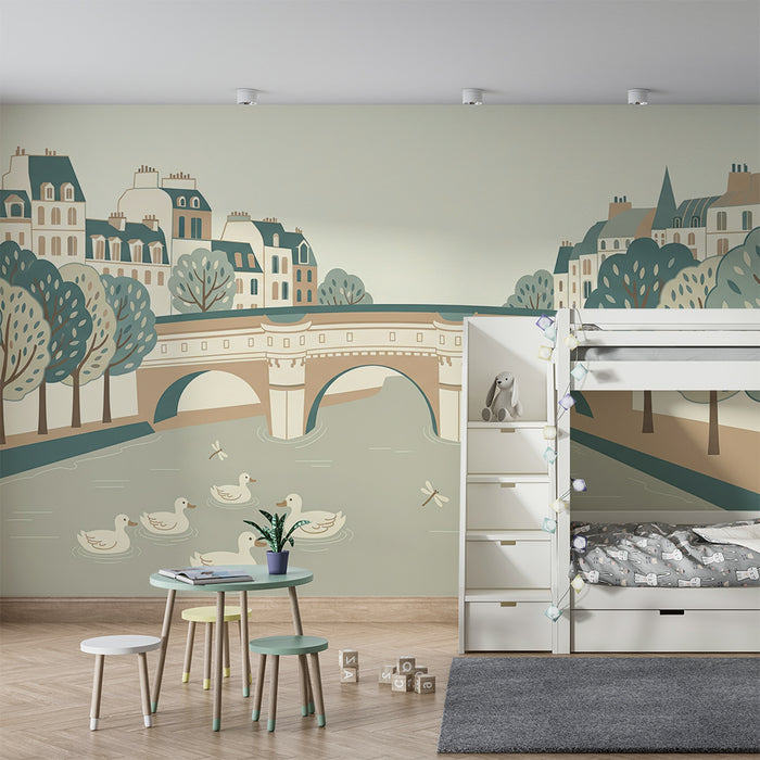 Papier peint chambre enfant | Scène paisible de canards sur une rivière avec des maisons et des arbres