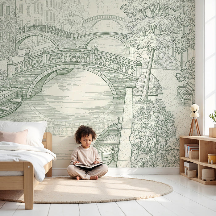 Papier peint chambre enfant | Scène paisible de canaux avec ponts et verdure
