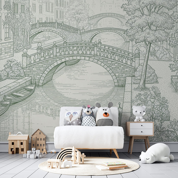 Papier peint chambre enfant | Scène paisible de canaux avec ponts et verdure