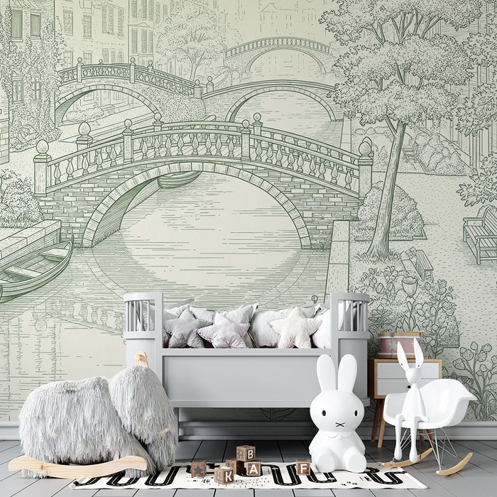 Papier peint chambre enfant | Scène paisible de canaux avec ponts et verdure
