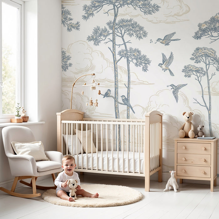 Children's bedroom wallpaper | Peaceful forest scene with birds and trees