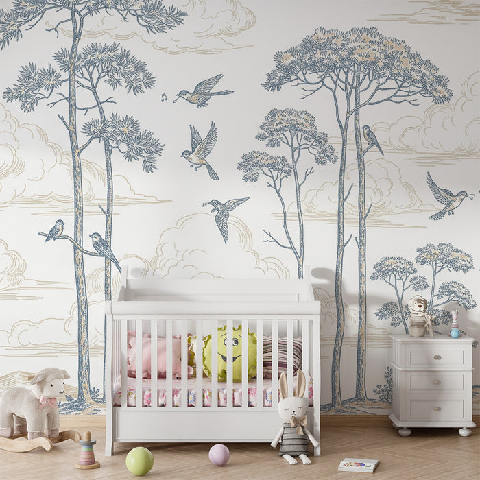 Children's bedroom wallpaper | Peaceful forest scene with birds and trees