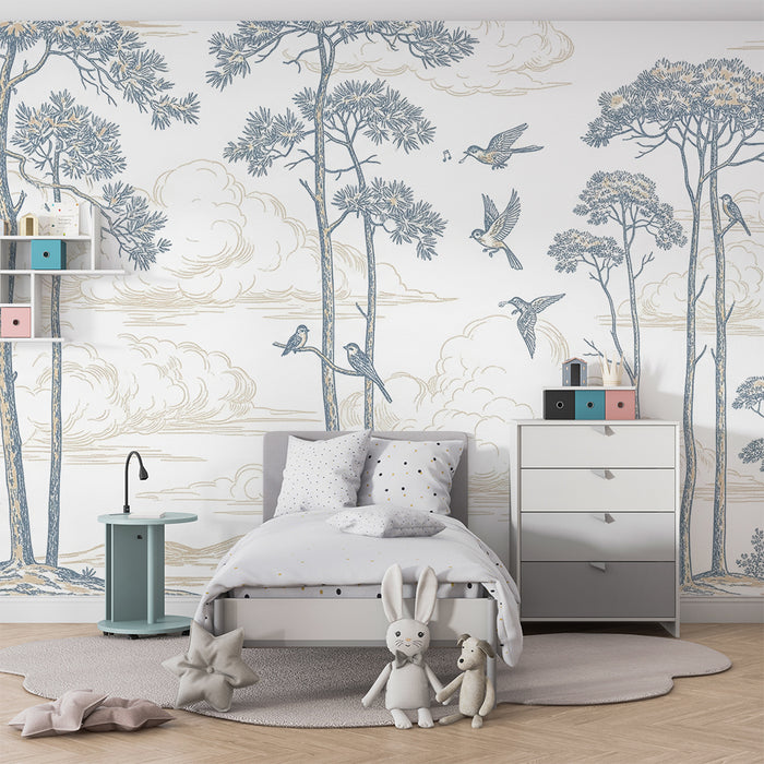 Children's bedroom wallpaper | Peaceful forest scene with birds and trees