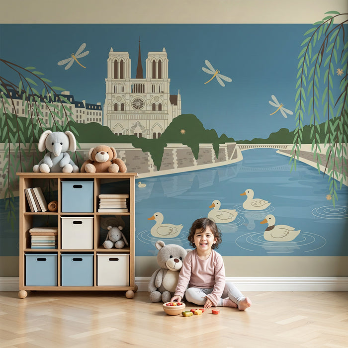 Behang kinderkamer | Rustig tafereel van de Seine met eenden en de kathedraal