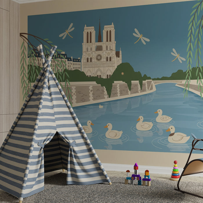 Behang kinderkamer | Rustig tafereel van de Seine met eenden en de kathedraal