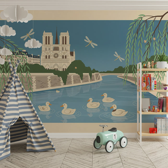 Behang kinderkamer | Rustig tafereel van de Seine met eenden en de kathedraal