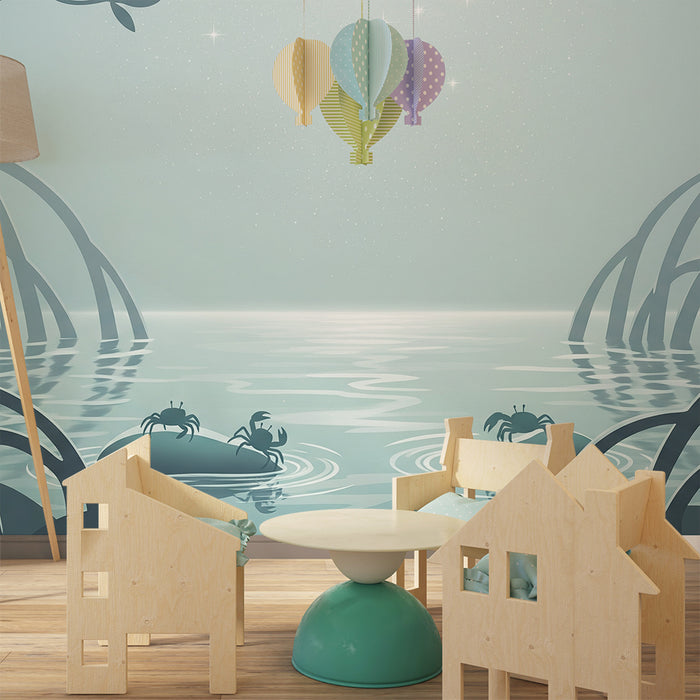 Kinderzimmer-Tapete | Ruhige Mangrovenlandschaft mit Krabben und Wasserspiegelungen
