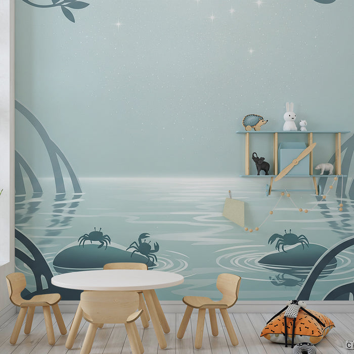 Kinderzimmer-Tapete | Ruhige Mangrovenlandschaft mit Krabben und Wasserspiegelungen