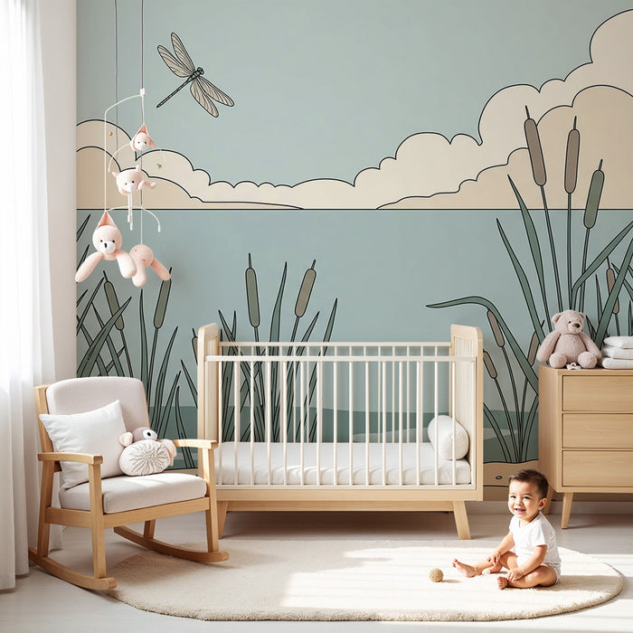 Papier peint chambre enfant | Scène paisible de marais avec libellule et roseaux