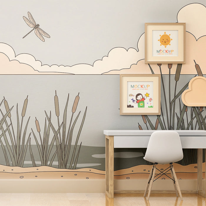 Papier peint chambre enfant | Scène paisible de marais avec libellule et roseaux