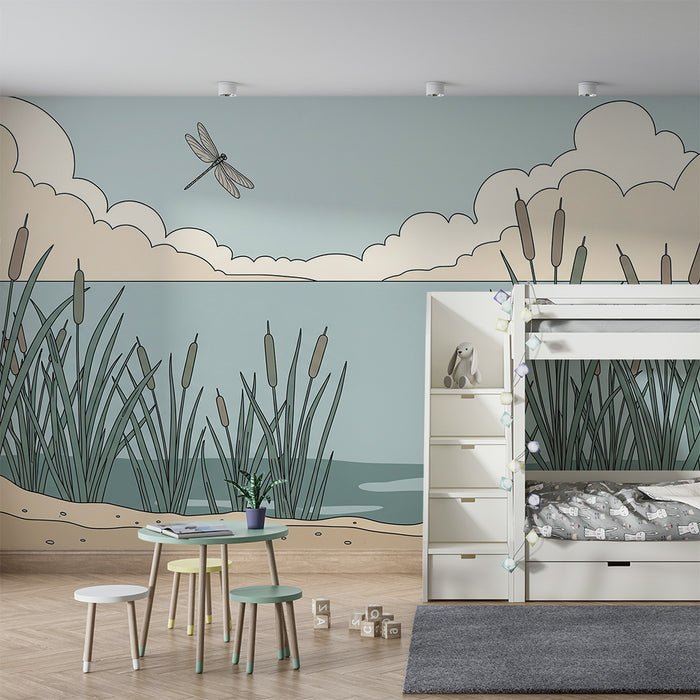 Papier peint chambre enfant | Scène paisible de marais avec libellule et roseaux