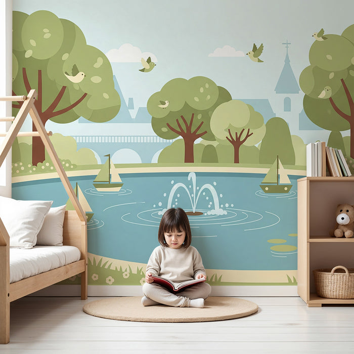 Papier peint chambre enfant | Scène paisible de parc avec bateaux et oiseaux