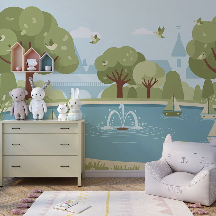 Papier peint chambre enfant | Scène paisible de parc avec bateaux et oiseaux