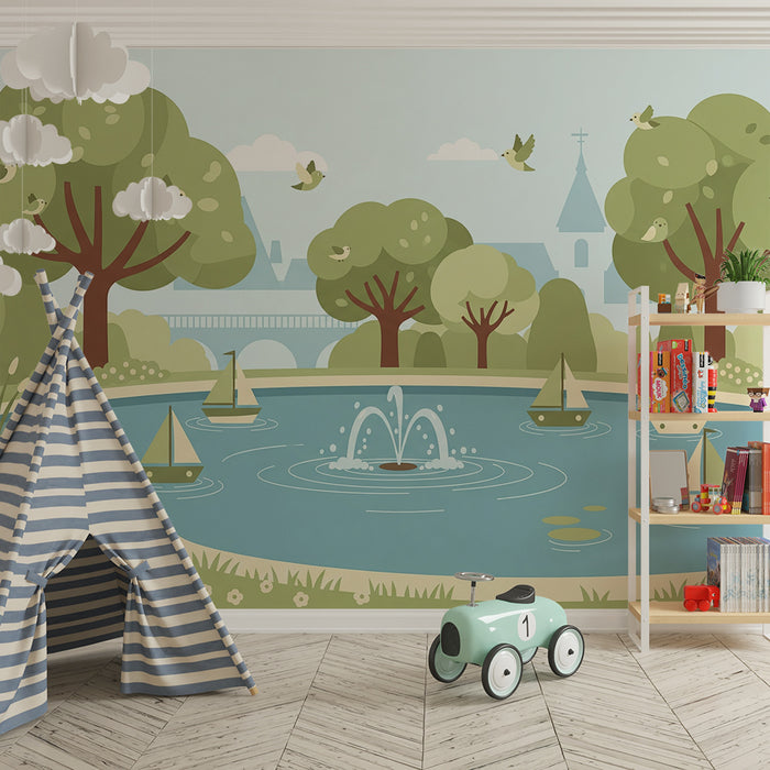 Papier peint chambre enfant | Scène paisible de parc avec bateaux et oiseaux