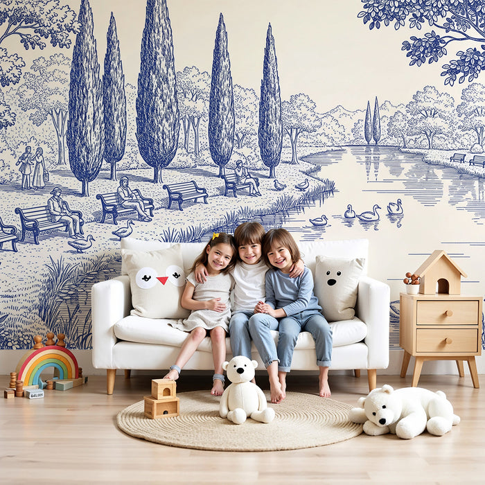 Papel pintado infantil | Escena tranquila de parque con patos y cisnes