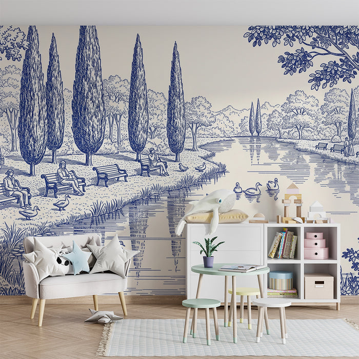 Papel pintado infantil | Escena tranquila de parque con patos y cisnes